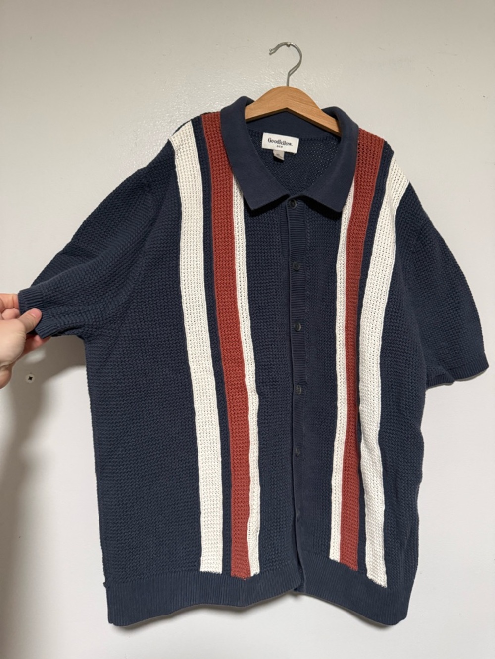 Goodfellow & Co Navy Polo with White and Rust Stripe Accents